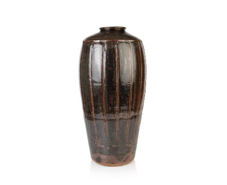 Jim Malone (b.1946) at Lesson Hall Pottery Large iron glazed vase with incised decorationseal marks to the foot48cm high.  Ov