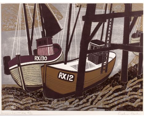 Graham Clarke (b.1941)Luggers Low Tide63/75, signed, titled, and numbered in pencil (in the margin)linocut51 x 65cm.