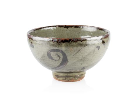 Rupert Spira (b.1960) Footed bowlgrey glaze with tenmoku decorationimpressed seal mark to the footrim28cm wide x 16cm high. P