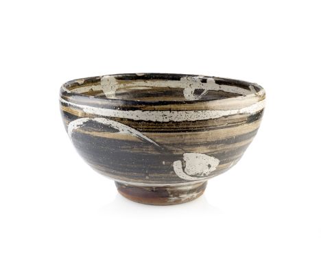 Rupert Spira (b.1960) Large bowlochre glaze with white splashesimpressed potter's seal mark near the foot37cm wide x 21cm hig