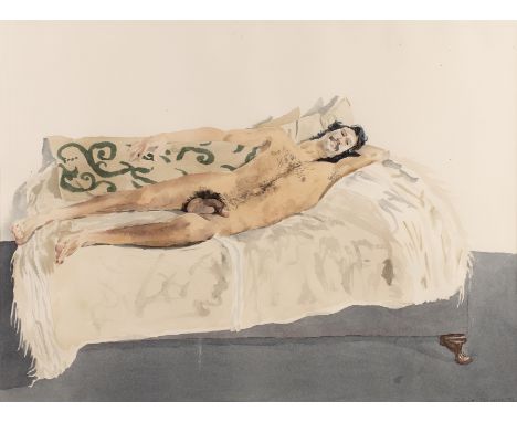 Patrick Procktor (1936-2003)Male Nude on a Sofa, 1976signed and dated (lower right)watercolour44 x 59cm.   Slight toning to t