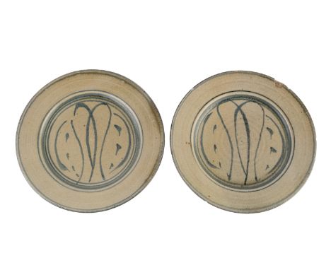 Rupert Spira (b.1960) pair of disheswith ochre glaze and blue painted decorationeach with impressed potter's seal marks to th