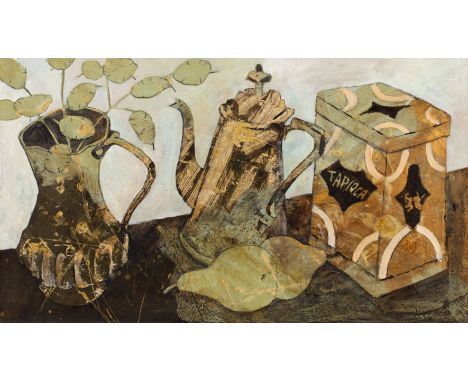 Jenny Grevatte (b.1951)Coffee Pot Still Life, 2020signed and dated (lower right)mixed media on board25 x 45cm. Provenance:Gol