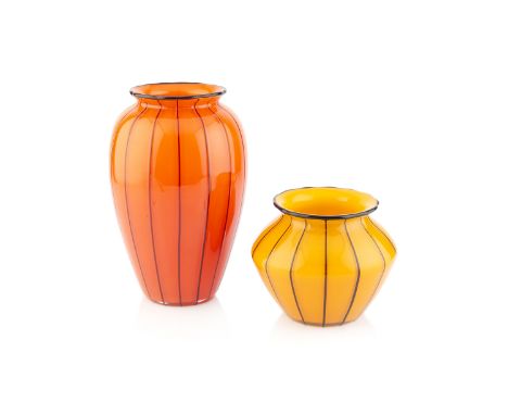 Michael Powolny (1871-1954) for LoetzTwo glass vasesorange with black trailingdark orange ovoid vase 20cm high, the smaller l