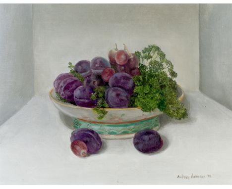 Audrey Johnson (1919-2005)Plumbs, 1991signed and dated (lower right)oil on board18 x 24cm.  Generally good condition. The pai