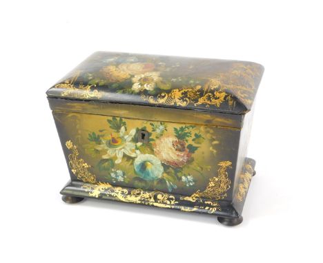 A Victorian papier mache tea caddy, Manner of Jennins &amp; Bettridge, of twin division sarcophagus form painted with flowers