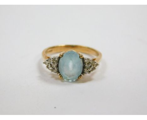 A 9ct gold and aquamarine ring, claw set, with six diamond set shoulders, size N, 2.7g