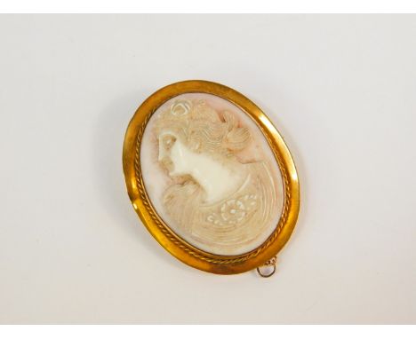 A 9ct gold and cameo brooch, bust portrait of a lady, in an oval mount, with safety chain as fitted.