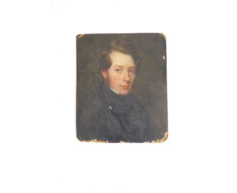 English School (early 19thC). Half length portrait of a gentleman wearing black, oil on board, 21cm x 18cm.