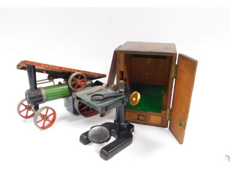 A W Watson &amp; Sons Ltd microscope, No 81620, oak cased, together with a Mamod steam engine TE1A. (2)