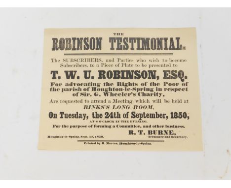 A Mid 19thC poster entitled 'The Robinson Testimonial', requesting the attendance of a meeting at Bing's Long Room, on Tuesda