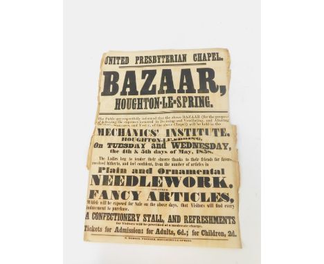 A Mid 19thC poster for a bazaar at Houghton-le-Spring, (County Durham), taking place at the United Presbyterian Chapel on Tue