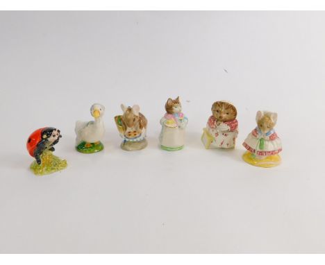 Six Royal Albert Beatrix Potter figures, comprising Rebeccah Puddle-Duck, Mrs Tiggywinkle takes tea, Mrs Ribby, Appley Dapply