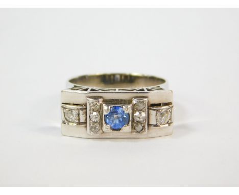 An Art Deco sapphire and diamond ring, in a rectangular claw setting, white metal, possibly 18ct white gold, size P/Q, 6.2g.