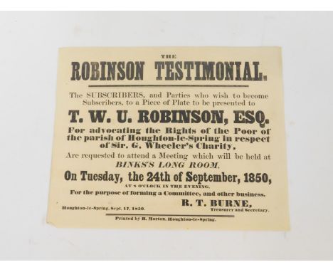 A Mid 19thC poster entitled 'The Robinson Testimonial', requesting the attendance of a meeting at Bing's Long Room, on Tuesda