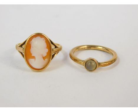 A 9ct gold and cameo ring, bust portrait of lady, size O, and 9ct gold and moonstone set ring, size K, 5.6g.