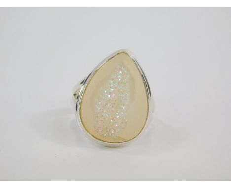 A silver and twin drusy pear shaped ring, 15.10ct, size N/O, with certificate.