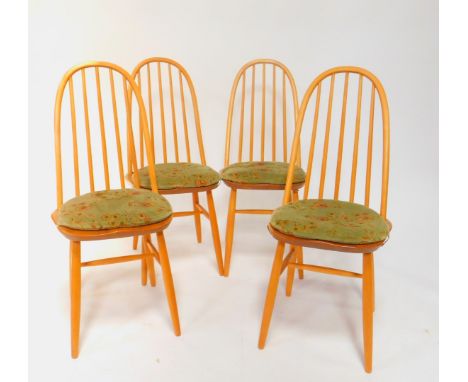 A set of four Ercol Quaker 365 elm and beech dining chairs, with loose cushion seats.