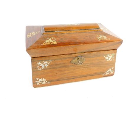 A Regency rosewood and mother of pearl inlaid tea caddy, of sarcophagus form, with floral decoration, converted to a jeweller