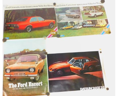 Five 1970's car posters, comprising Datsun 100A two door sedan, Ford Escort, Datsun 260Z 2+2, Ford Granada, and Ford Escort, 