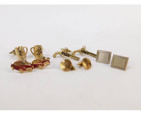 Silver and vintage cuff links, including a pair of pistols, vintage cars and beer steins.  (5 pairs)