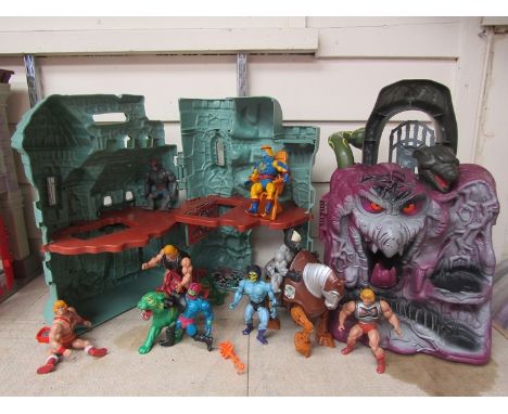 A Mattel He-Man Masters Of The Universe Castle Grayskull playset and Snake Mountain playset together with assorted playworn f