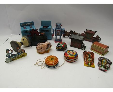 Assorted tinplate toys including Masudaya Japan robot, Anfoe Froment motor, Bing signal box, English made coach and horses, C