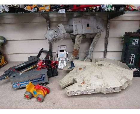 Mixed vintage playworn plastic toys including Star Wars At-At Walker and Millennium Falcon, Bluebirds Toys Zero ZF9 Scorch Gl