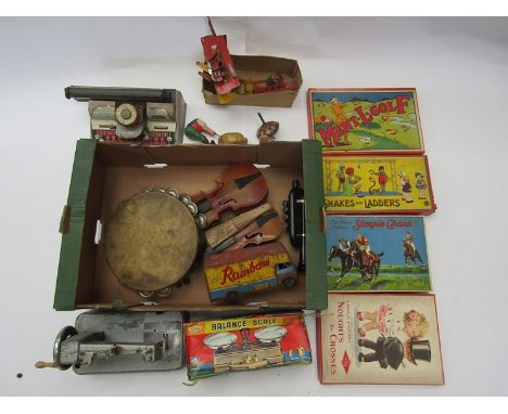 Mixed vintage playworn toys including boxed Codeg balance scale, Lehman tinplate spinning top, Mettoy typewriter, musical ins