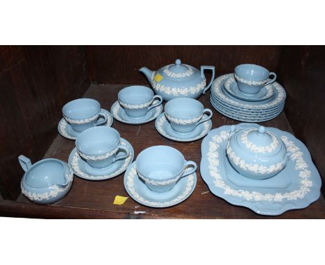 SECTION 40 - A Wedgwood 'Embossed Queens ware' pattern tea service in light blue and white, six each cups, saucers, side plat