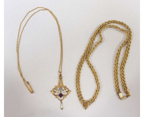 An Art Nouveau 9ct gold, pearl and amethyst necklace, together with a 9ct gold rope twist necklace. 10.4 grams.