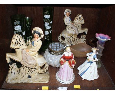 SECTION 39 - An assortment of various glass and ceramic items including a pair of Staffordshire figures on horseback and a 'R