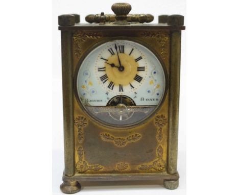 A small French gilt metal carriage clock, with pocket watch movement, with painted enamel three quarter dial. 8.75 cm high ex