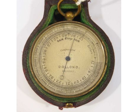 A Victorian brass pocket barometer by Dollond of London, with silvered dial, in a fitted leather case, working.