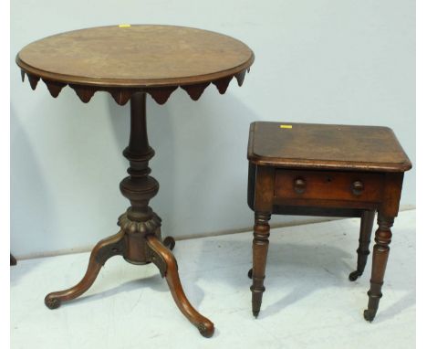 A Victorian pine circular top occasional table with shaped frieze turned support and tripod base together with a small Victor