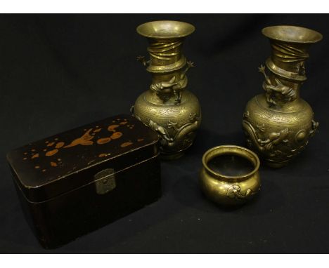 A Japanese black lacquer two division tea caddy, together with a pair of Japanese brass vases with applied dragons, and a Chi