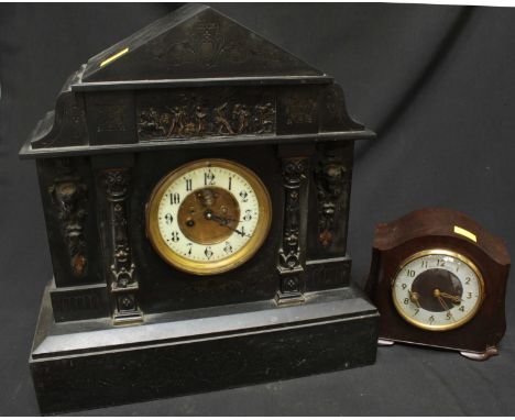 A large slate mantel clock of classical temple form together with a small 'Smiths Enfield' Bakelite mantel clock.