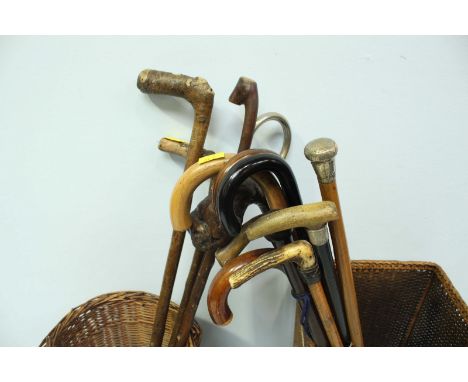 Two wicker walking stick stands, together with a quantity of assorted walking sticks, including a silver topped stick, and ot