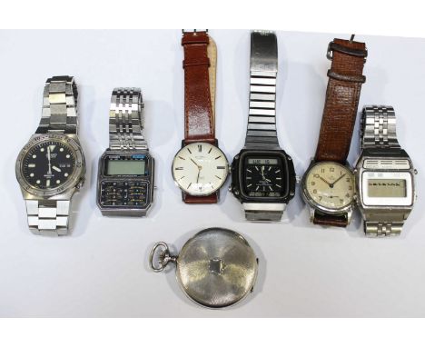 Six various contemporary and retro gents watches including a Casio alarm chronograph , a steel Rotary and a Jaquet - Droz ful