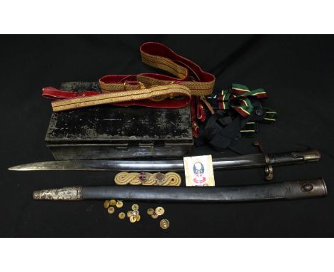 An 1860 pattern Yataghan sword bayonet in leather scabbard, with War Department broad arrow mark, together with a collection 