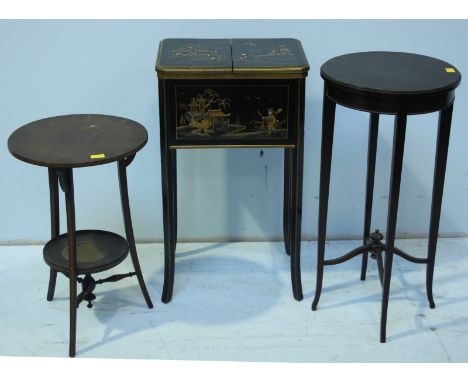 A Chinoiserie black lacquer work table together with a small Edwardian mahogany tripod table and another small table. (3)