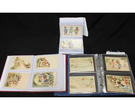 A collection of over 200 postcards featuring Children playing and illustrations etc, in three albums
