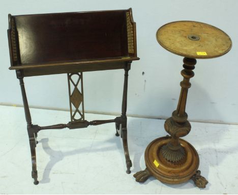 A Victorian carved mahogany tripod stand, together with an Edwardian mahogany book stand, with rattan sides and slender legs.