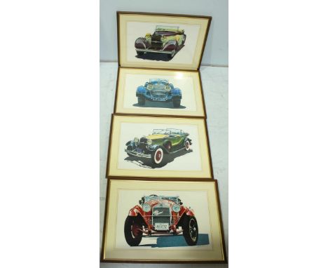 A collection of eight framed prints of vintage cars.