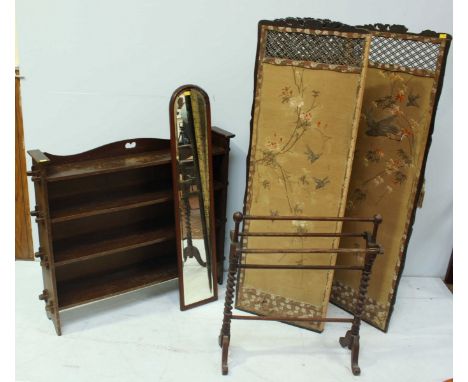 A large Oriental needlework four fold screen, together with a narrow wall mirror, a towel rail, and an oak low standing bookc