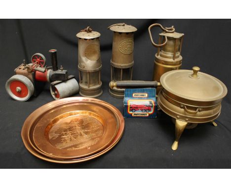 A collection of assorted items including a Mamod steam engine (lacking burner), several copper plates, one depicting HMS Vict