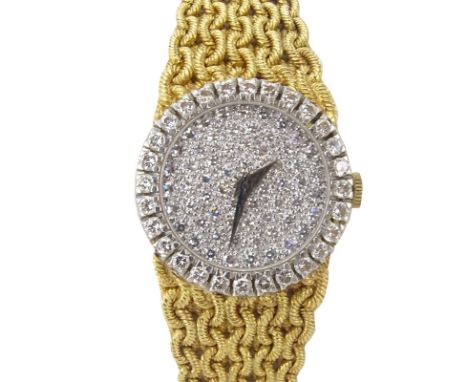 Lady's Vintage Baume & Mercier Genève 18 Karat Yellow Gold Bracelet Watch with Pave Diamond Face and Bezel, Manual Movement. 