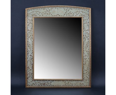19/20th Century Chinoiserie Style Jade and Brass Mirror. Minor yellowing and a few cracks to jade, rubbing to gilt, wear to m
