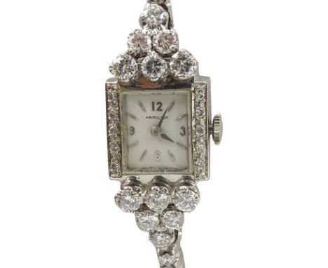 Lady's Vintage Approx. 3.50 Carat Round Brilliant Cut Diamond and 14 Karat White Gold Hamilton Bracelet Watch with Manual Mov