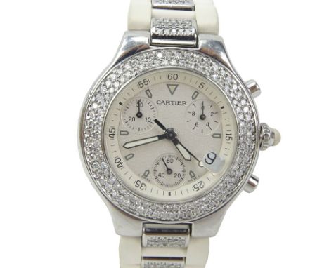 Vintage Cartier 21 Chronoscaph Stainless Steel Watch with Rubber Strap and After Market Diamond Accents, Quartz Movement. Sig
